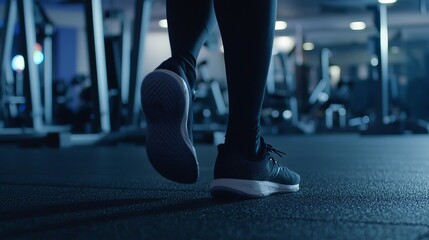 A fitness enthusiast walks on a gym floor, highlighting their athletic shoes and dedication.