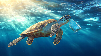 Obraz premium Turtle is swimming in the ocean with a plastic bag in its mouth