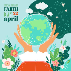 Earth day, 22 April, ecologic, save the planet, card, poster, vector illustration
