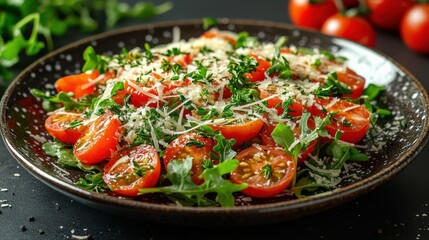 Fresh Tomato and Arugula Salad with Parmesan Cheese on Dark Plate