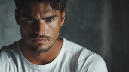 Fototapeta premium Serious Man with Neutral Expression Wearing White T Shirt
