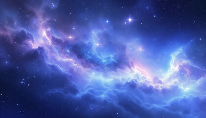 Luminous cosmic nebula with glowing clouds and twinkling stars  
