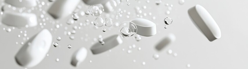 White pills falling in water, grey background, healthcare