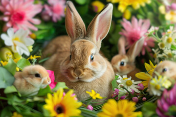 Fototapeta premium Easter Bunny and Chicks Enjoying a Game of Hide-and-Seek for Spring: Easter