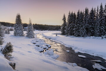 Winter motif. Landscape of Šumava. Winter mood photography. Snow. Dawn in the mountains. Beautiful picture. Roklanský stream. 