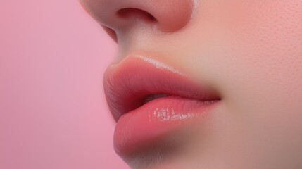 Naklejka premium Soft Pink Lips: Close-up of a woman's soft, pink lips, subtly glossy and full, against a pale pink background. A sensual and delicate image. 