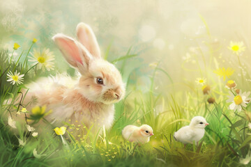 Easter Bunny and Chicks Playing in a Green Meadow for Spring Celebration: Easter