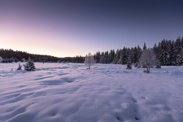 Winter motif. Landscape of Šumava. Winter mood photography. Snow. Dawn in the mountains. Beautiful picture. Roklanský stream. 