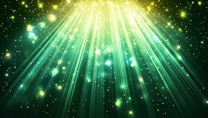 Obraz premium A beautiful background of green light rays with yellow and white sparkles, glowing lights, and a dark background