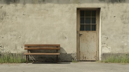 Rustic bench outside weathered building door