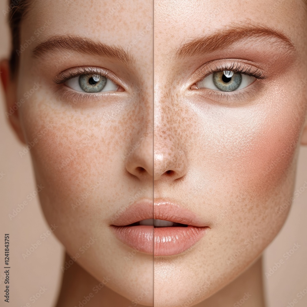 Poster Face showing natural beauty on one side and complete makeup transformation on the other side in a balanced visual display. Generative AI