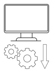 Computer monitor above two interlocking gears and a downward arrow. Ideal for technology, software updates, system settings, maintenance, IT services, troubleshooting, user interface concepts. Line