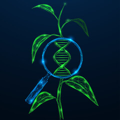 DNA spiral of a plant under a magnifying glass. Polygonal design of interconnected elements.