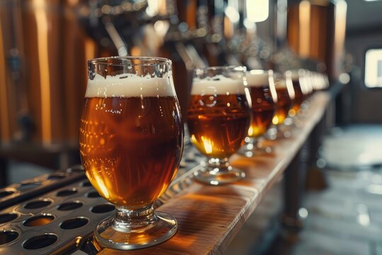 Row of beer glasses filled with freshly brewed craft beer, standing on wooden bar counter in brewery