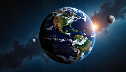 Obraz premium Earth in outer space with sun and moons, cosmic perspective