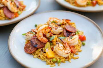 Fototapeta premium modern deconstructed Spanish paella presented on a series of uneven, hand-glazed ceramic plates. Individual components--golden saffron rice, seared shrimp, grilled vegetables, and slices of chorizo