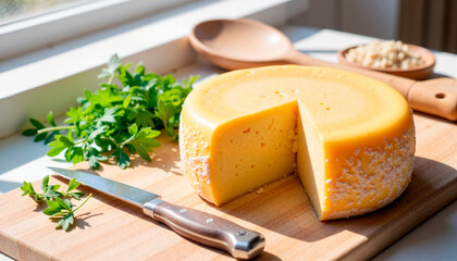Close-up of large cheese wheel with slice cut out, culinary delight