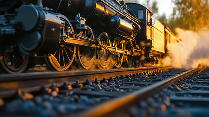 Naklejka premium Closeup of a black vintage, historic steam locomotive with wagons, toy or model on the railroad tracks, movement.