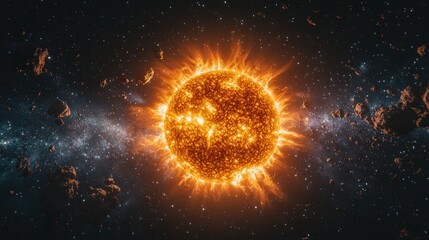 Fiery Sun, Asteroids, Galaxy, Space, Energy,  Science Fiction Background
