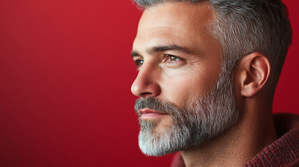Handsome and good looking middle aged man in his or with gray beard and hair. side view closeup studio photography, red wall background, neutral and serious face expression.