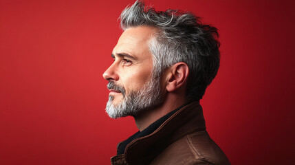 Handsome and good looking middle aged man in his or with gray beard and hair. side view closeup studio photography, red wall background, neutral and serious face expression.