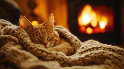 Obraz na płótnie Canvas Lazy and tired cute domestic cat animal sleeping, resting or napping on a warm, soft and comfortable blanket in a house or home. fireplace warming the room blurred in the background.