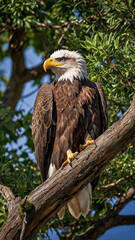 Obraz premium Portrait of a bald eagle. A majestic bird perched on a tree branch.