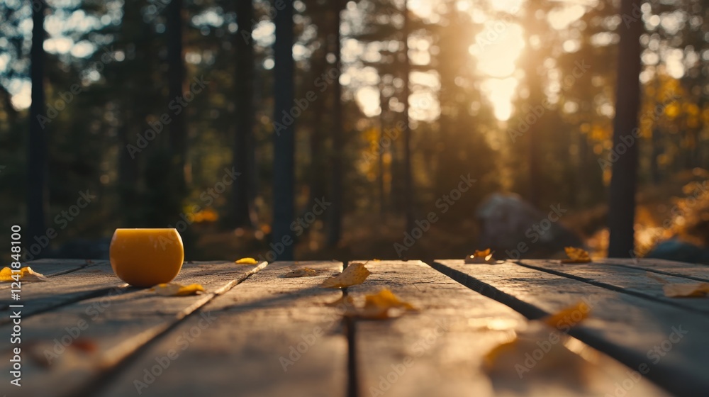 Poster a rustic wooden table sits in a bright autumn forest, surrounded by fallen leaves in warm orange and