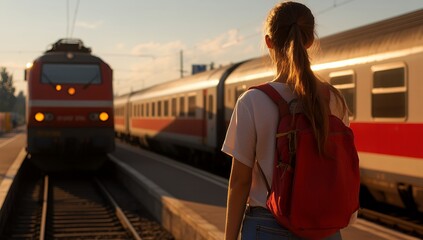 Obraz premium A young woman with a red backpack waits at a train station platform as a train arrives at sunset