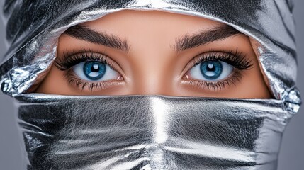 Naklejka premium Silver Veiled Gaze - Mysterious, alluring, beauty, elegance, hidden identity. A woman's eyes peek through a silver cloth, symbolizing secrecy, allure, and hidden beauty.