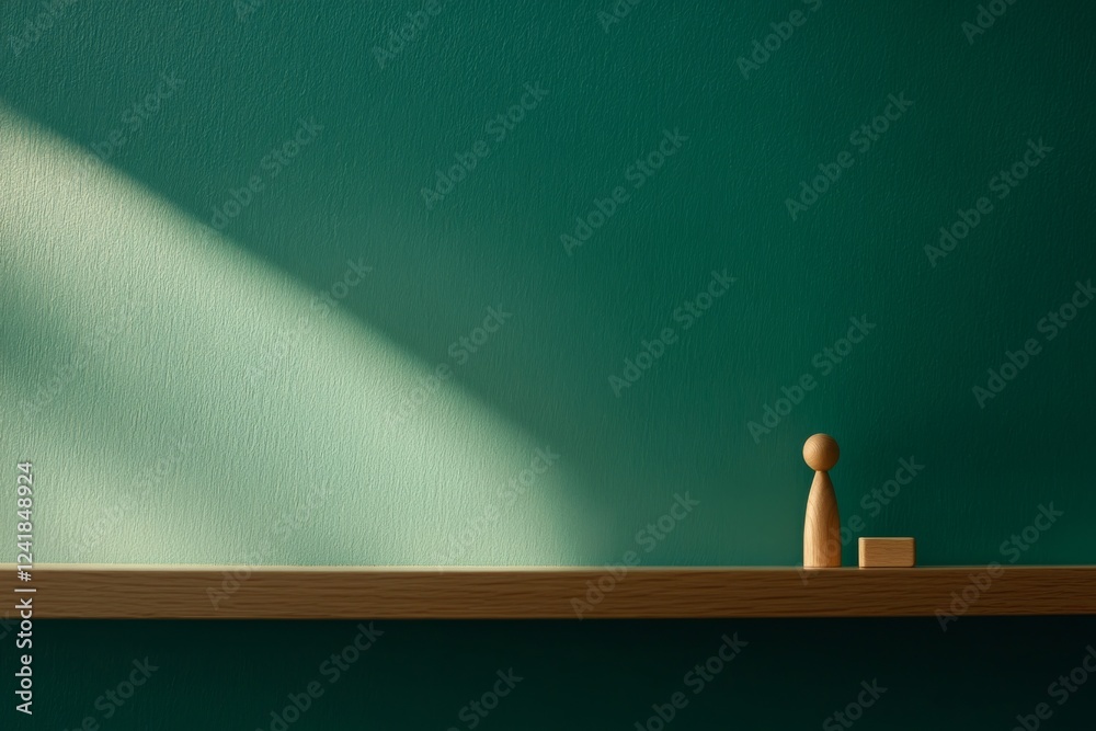 Aufkleber a wooden figure stands on a shelf, facing an etched speech bubble on a teal wall, while a small wood