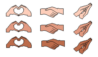 Pixel art hands in various gestures including heart shape, handshake, and praying hands, depicted in diverse skin tones, showcasing simplicity and inclusivity. Vector retro style illustrations