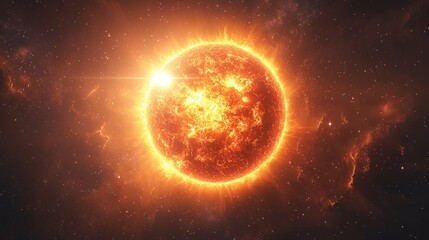 Fiery sun flares in cosmic nebula, space background, science fiction