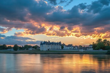Naklejka premium Sunset Over Chateau de Sully-sur-Loire: A Scenic French Castle in the Heart of the Loire Valley