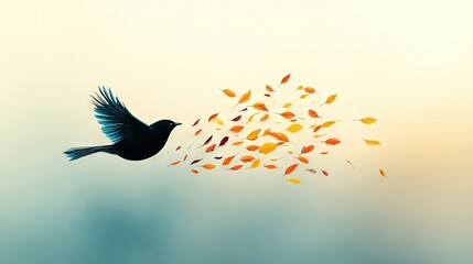 Fototapeta premium A bird soaring in the sky with leaves trailing behind it