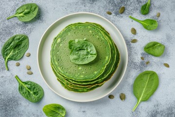 Obraz premium Delightful Green Pancakes: Spinach-Infused Breakfast Treat on Light Concrete