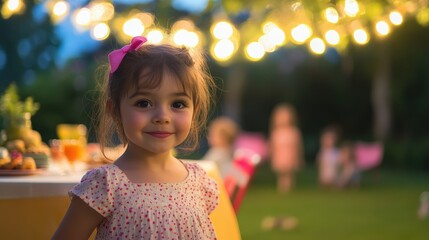 Happy child smiles at a festive party with bright lights and joyful atmosphere. A lovely moment captured in the evening.
