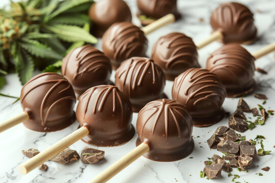 Chocolate-covered pops on sticks are arranged on a marble surface with chocolate pieces and leaves nearby. Concept of sweets and indulgence. For dessert inspiration.