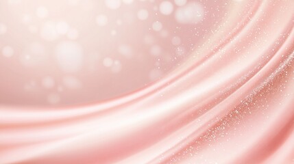 Rose Gold Silk Drape: Luxurious blush pink silk fabric gracefully drapes, creating soft, elegant waves with a subtle sparkle. The bokeh background adds a dreamy, ethereal feel.