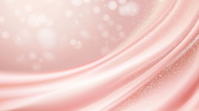 Fototapeta Rose Gold Silk Drape: Luxurious blush pink silk fabric gracefully drapes, creating soft, elegant waves with a subtle sparkle. The bokeh background adds a dreamy, ethereal feel.