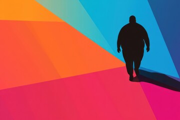 health and wellness promotion. design for poster with copyspace. silhouette of overweight person against vibrant orange and pink gradient background. world obesity day awareness concept.