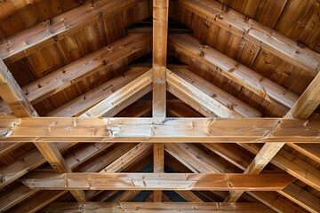 Sturdy wooden roof beams create a strong and visually appealing structure, supporting timber ceiling planks in a contemporary house