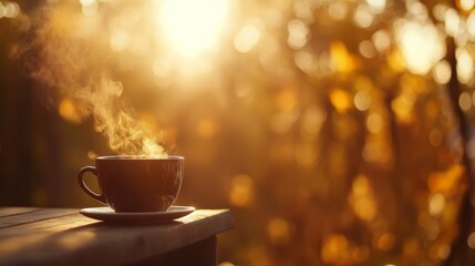 A warm cup of spiced chai tea sits on a wooden windowsill, surrounded by softly blurred golden and orange autumn leaves, creating a cozy atmosphere