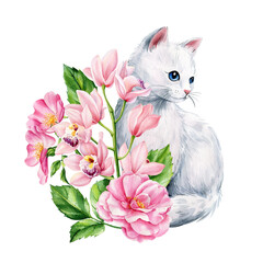 white fluffy cat with pink roses watercolor feline portrait romantic floral art for home decoration posters and prints