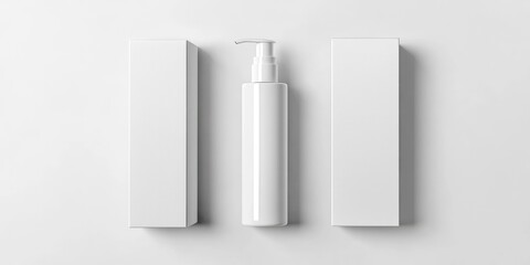 Mockup of Elegant White Pump Bottle with Cardboard Box for Cream, Gel, or Serum Packaging in Clean Aesthetic Design