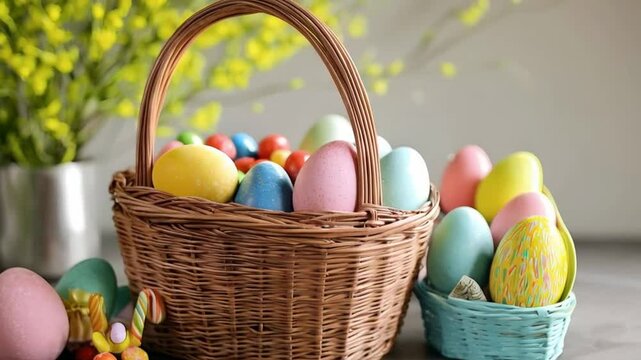 Easter baskets are classic symbols of the holiday. Focus on details like bright candies, plush toys, and festive decorations.
