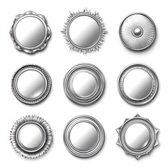 Isolated Collection of Shiny Silver Seals and Stamps for Certification and Approval Designs