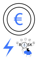 Euro symbol with bold concentric lines, lightning bolt, and risk marker analyzed by a person. Ideal for finance, risk assessment, decision-making, business planning, investments, urgency