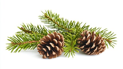 Lush Cedar Branch with Cones in Vibrant Green against a Crisp White Background