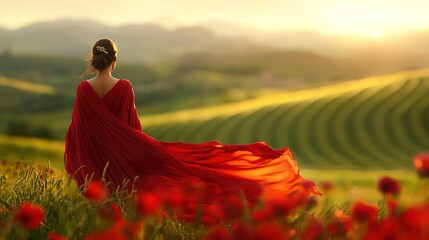  A woman in a red dress stands amidst a sea of red flowers, gazing at the rolling green hills